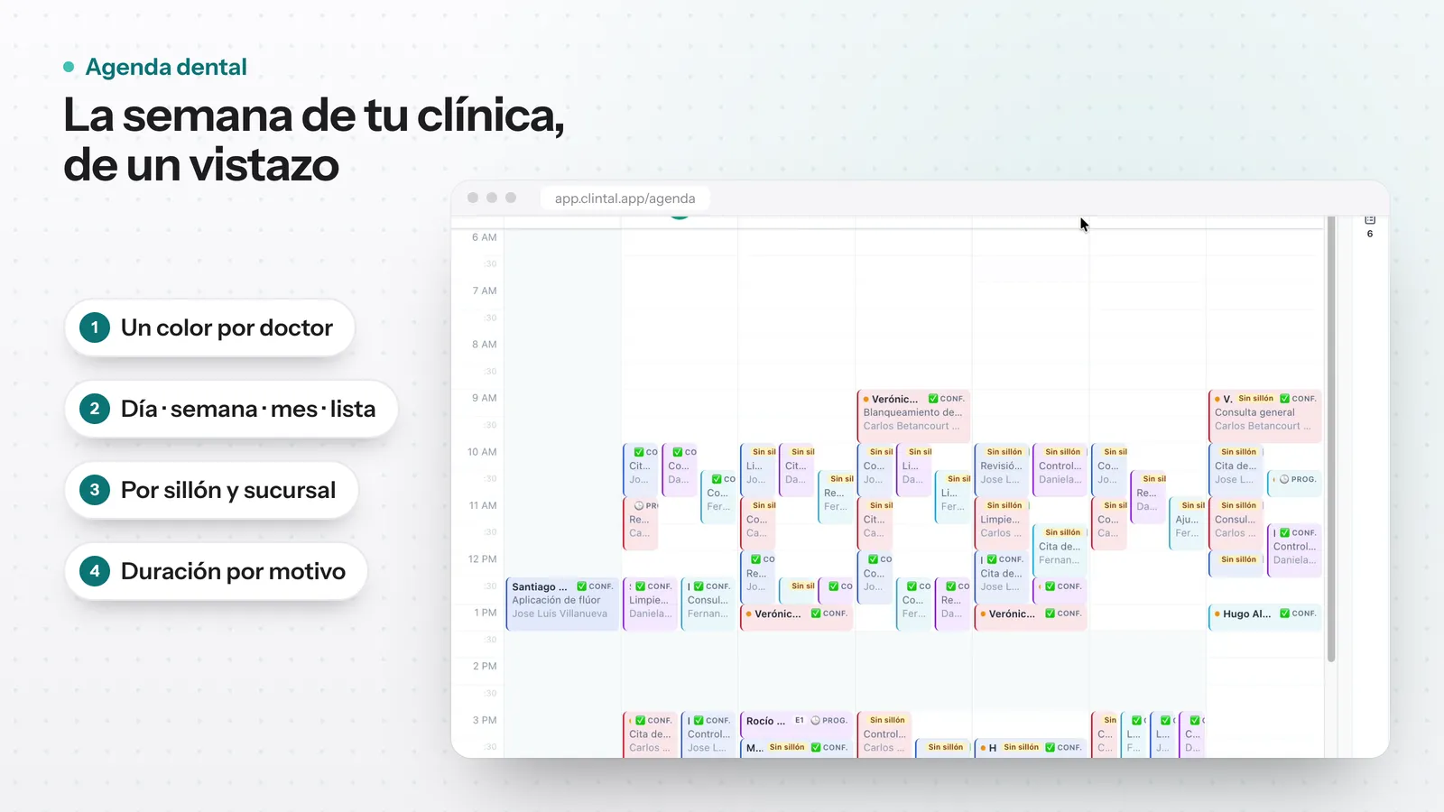 Vista de semana de una agenda dental con las citas de cada doctor en un color distinto