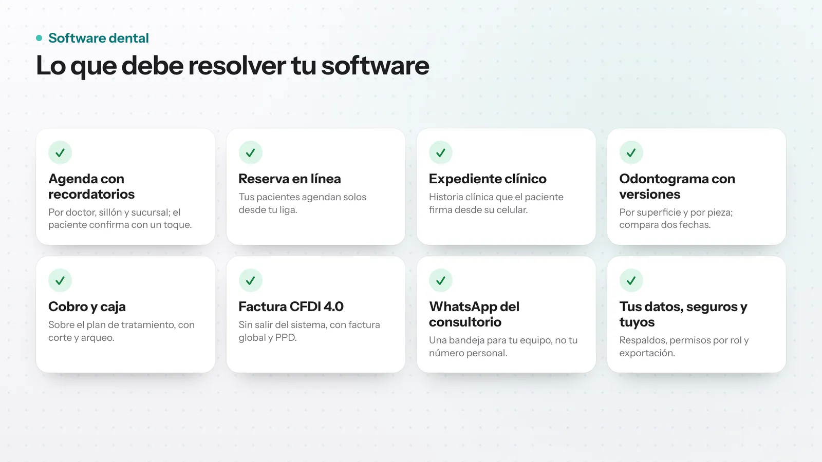 Lista de lo que debe tener un software dental: agenda con recordatorios, expediente, odontograma, cobro y caja, facturación CFDI 4.0, WhatsApp, reportes y seguridad