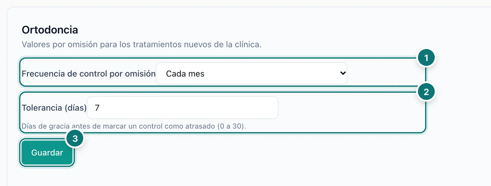 Configuración de Ortodoncia con la frecuencia de control por omisión, la tolerancia en días y el botón Guardar, numerados del 1 al 3