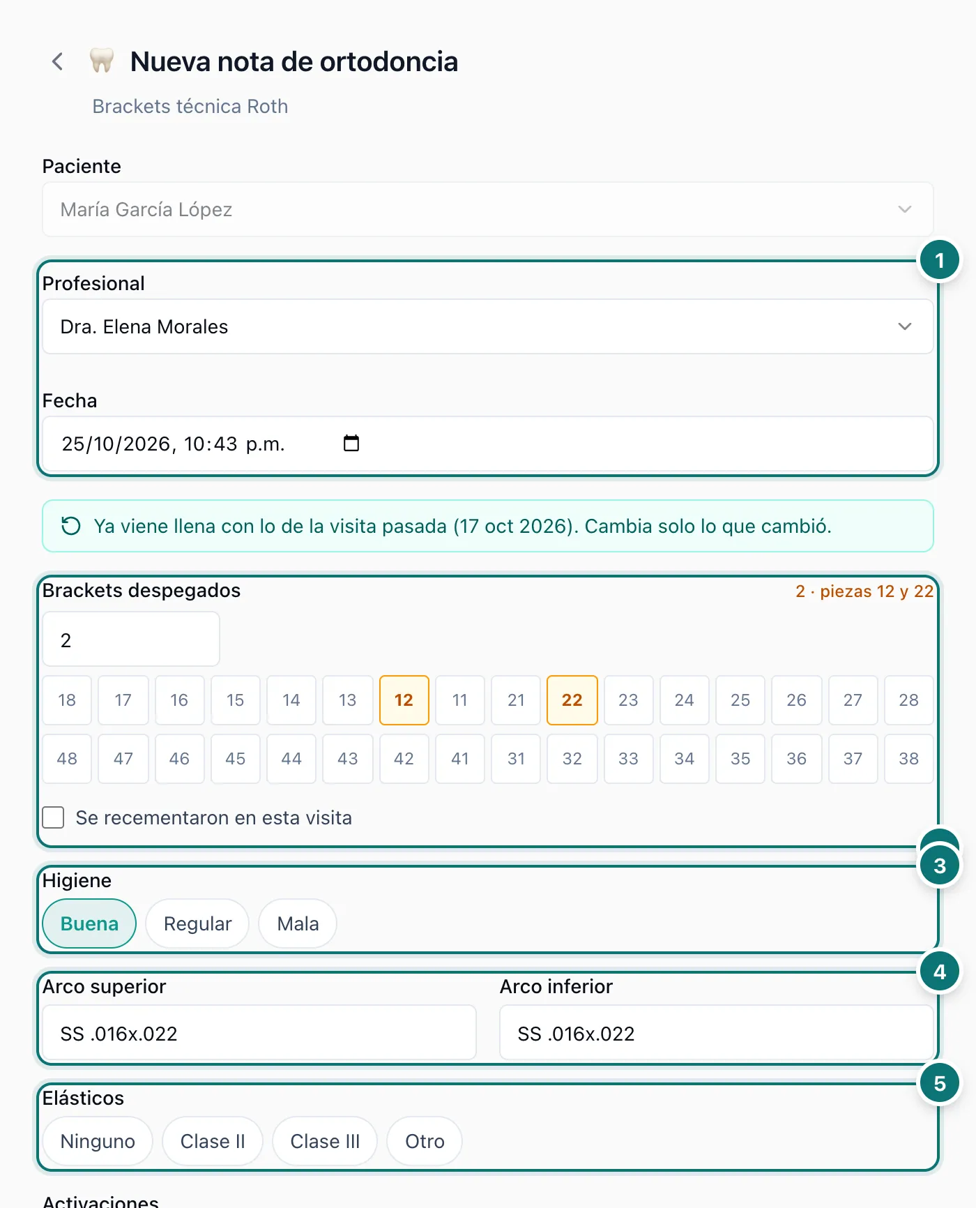 Nota de ortodoncia con el profesional y la fecha, los brackets despegados marcados en las piezas 12 y 22, la higiene, los arcos y los elásticos, numerados del 1 al 5