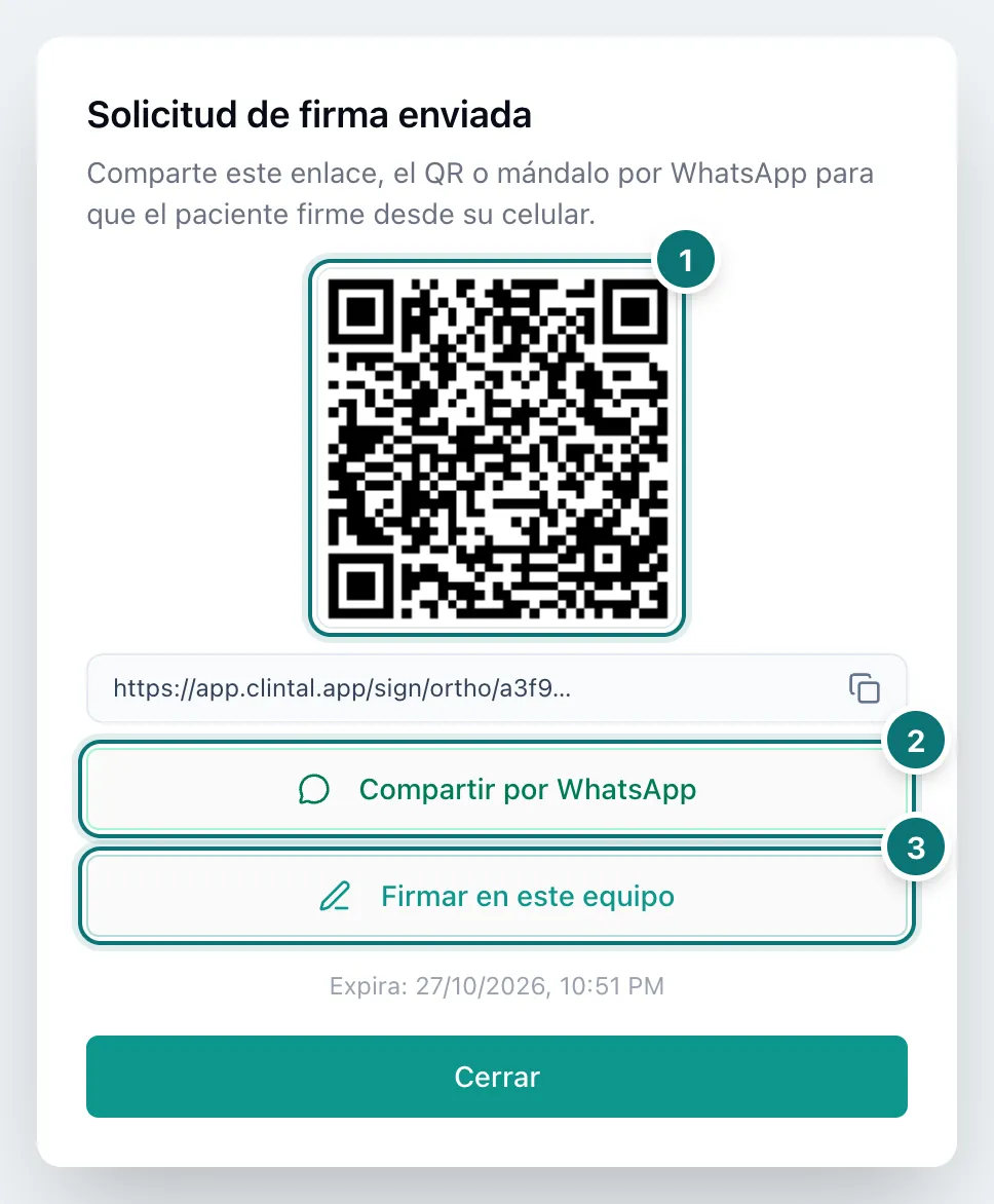 Ventana Solicitud de firma enviada con el código QR, el enlace, el botón Compartir por WhatsApp y el botón Firmar en este equipo, numerados del 1 al 3