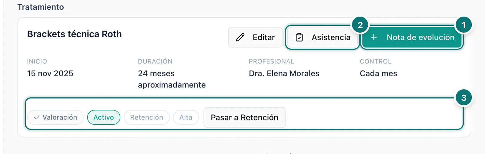 Tarjeta del tratamiento de ortodoncia con los botones Nota de evolución y Asistencia y las etapas Valoración, Activo, Retención y Alta, numerados del 1 al 3