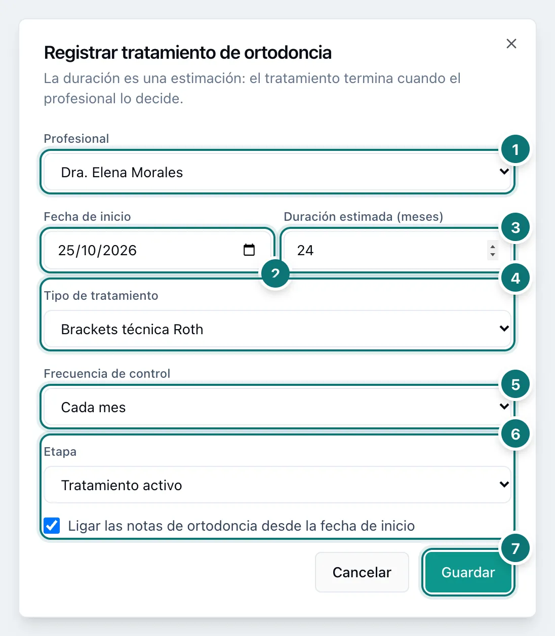 Ventana Registrar tratamiento de ortodoncia con los campos profesional, fecha de inicio, duración estimada, tipo de tratamiento, frecuencia de control, etapa y el botón Guardar, numerados del 1 al 7