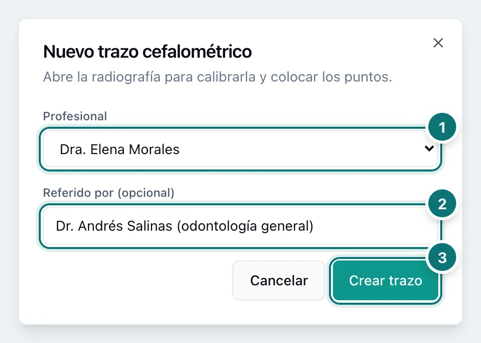Cuadro Nuevo trazo cefalométrico con el campo Profesional, el campo Referido por y el botón Crear trazo, numerados del 1 al 3