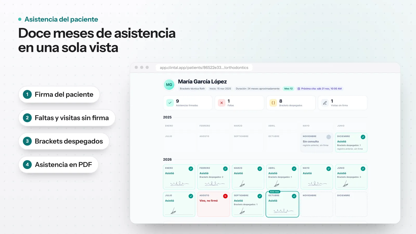 Asistencia de un paciente de ortodoncia en pantalla completa, con cada mes del tratamiento, su firma y el total de faltas y brackets despegados