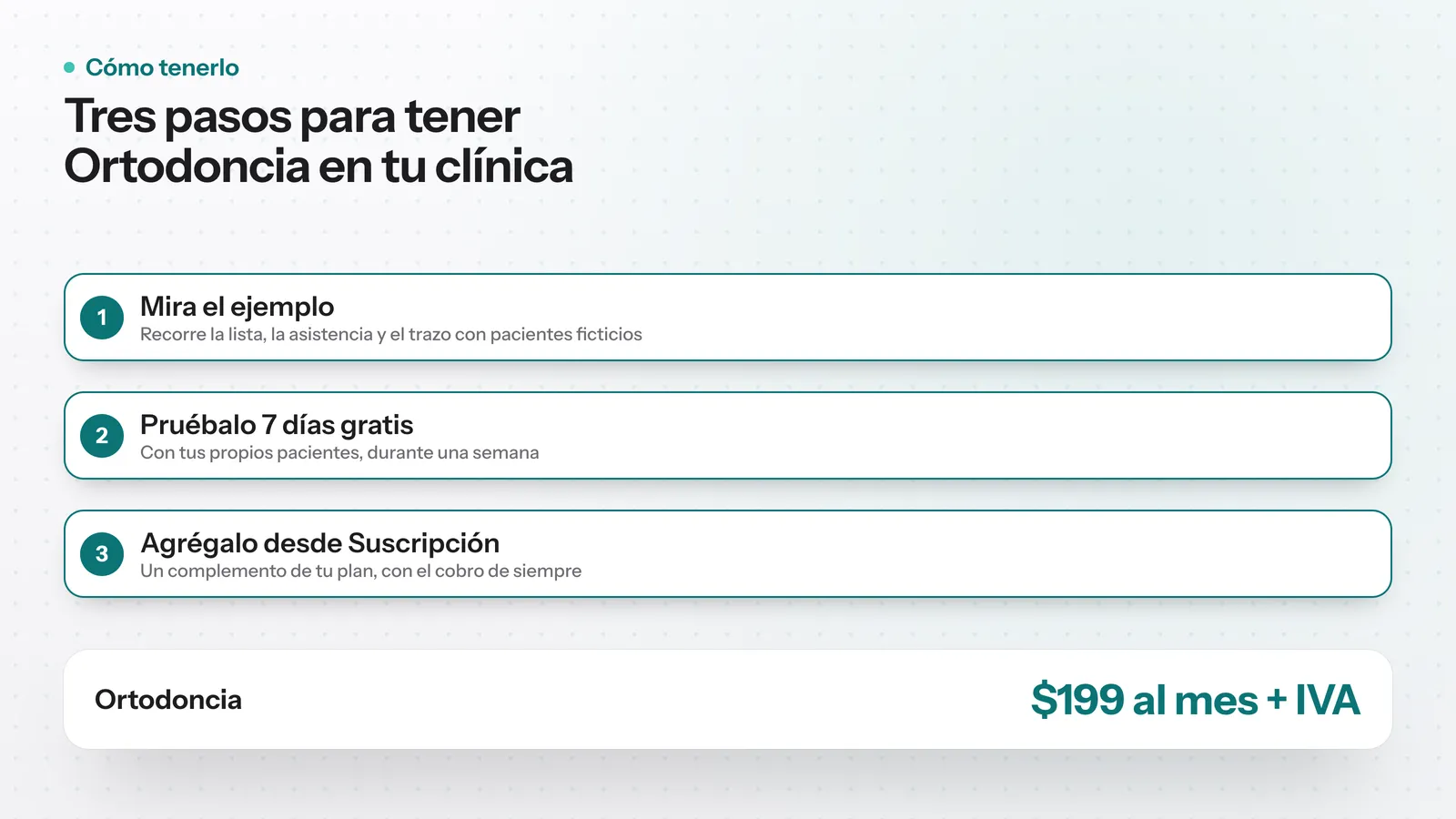 Los tres pasos para tener Ortodoncia en Clintal: entrar al módulo, probarlo 7 días y agregarlo a tu plan por $199 al mes más IVA