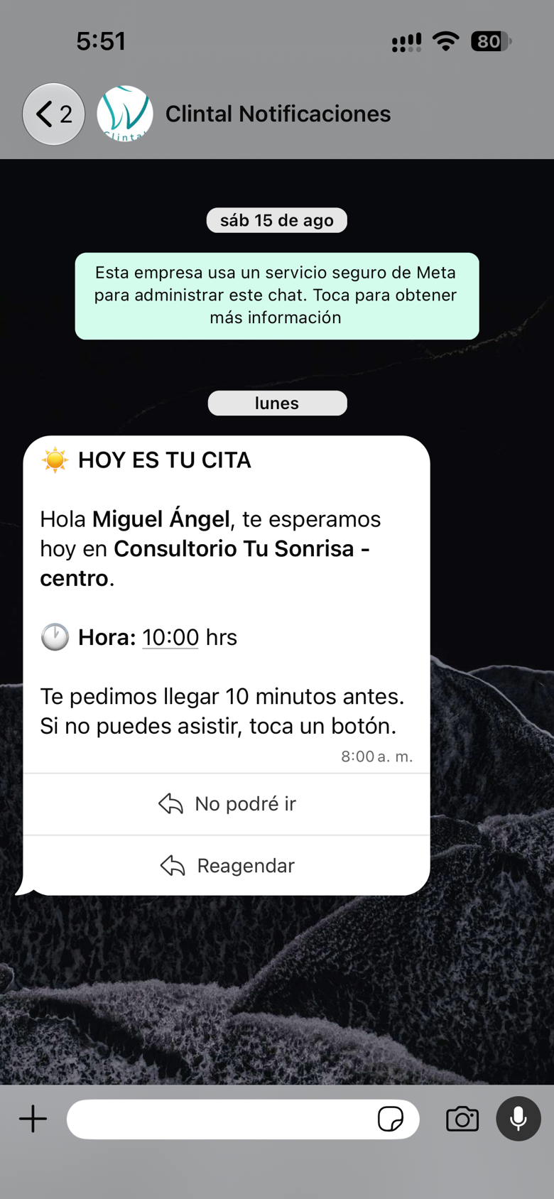 El recordatorio de cita que recibe el paciente por WhatsApp