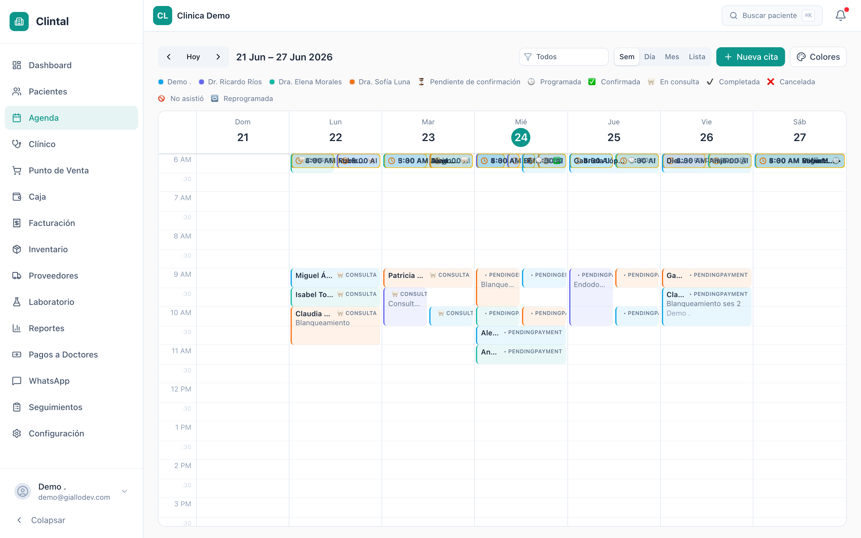 Agenda semanal de la clínica en Clintal